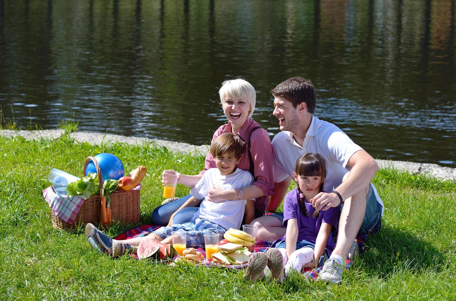 Happy family playing together in a picnic outdoors photo