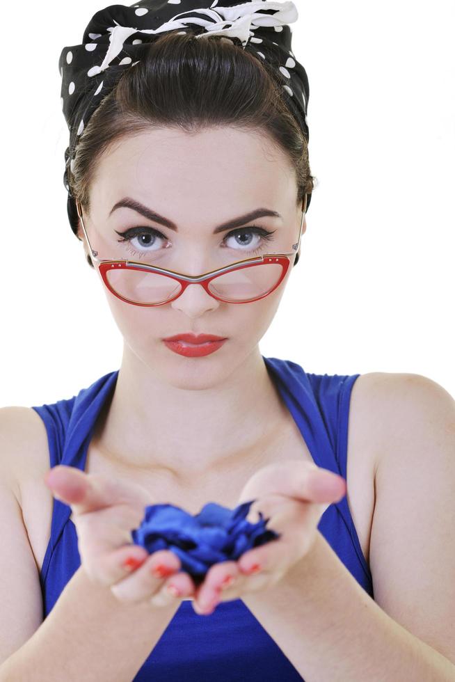 young woman holding blue flower in hands photo