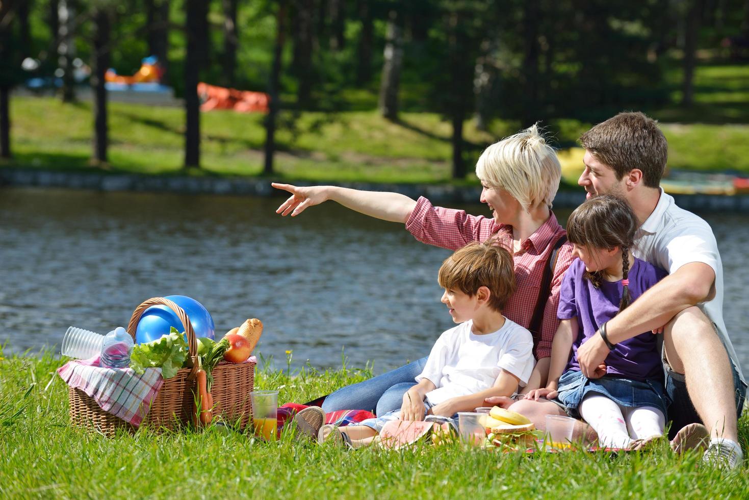 Happy family playing together in a picnic outdoors photo