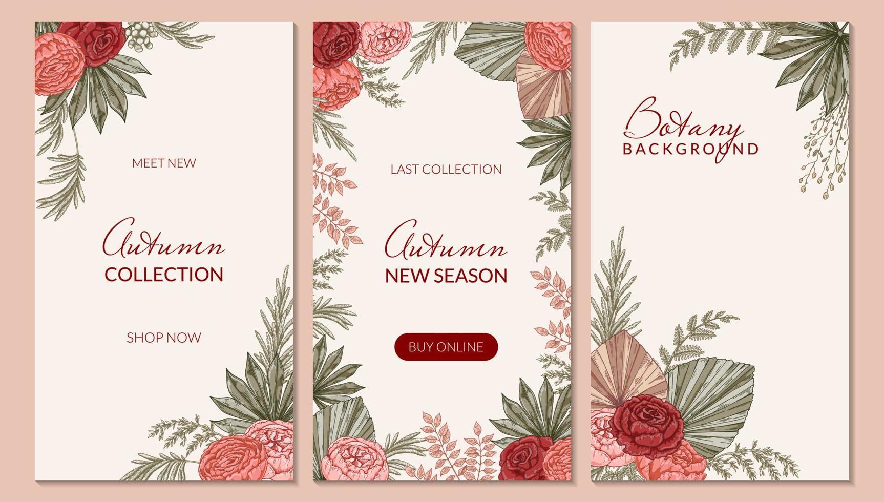 Set social media stories templates. Autumn design with hand drawn modern flower compositions. Vector illustration