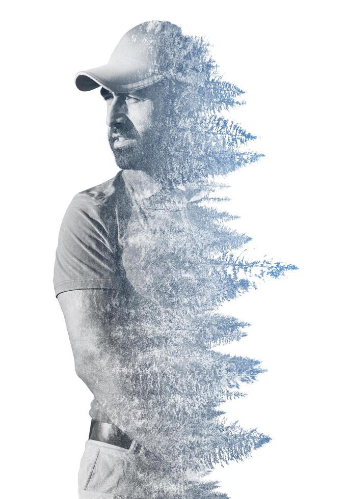 Double exposure of senior golf player photo