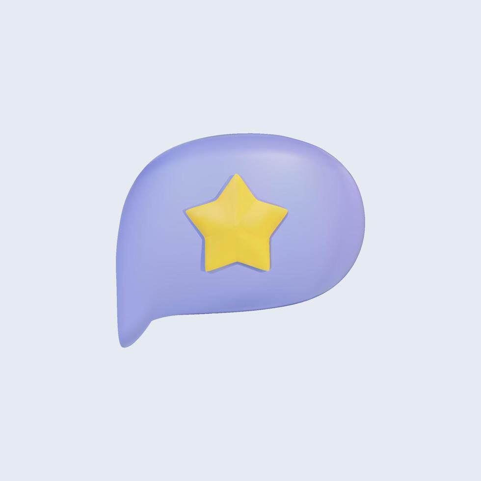 3d speech bubble icon with yellow star. Cartoon message box isolated on blue background. Social networking, communication, chatting. Realistic vector design element.