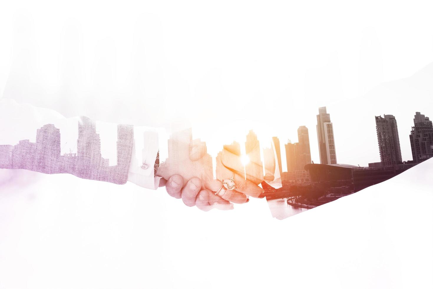 Double exposure business man and woman handshake on  meeting photo