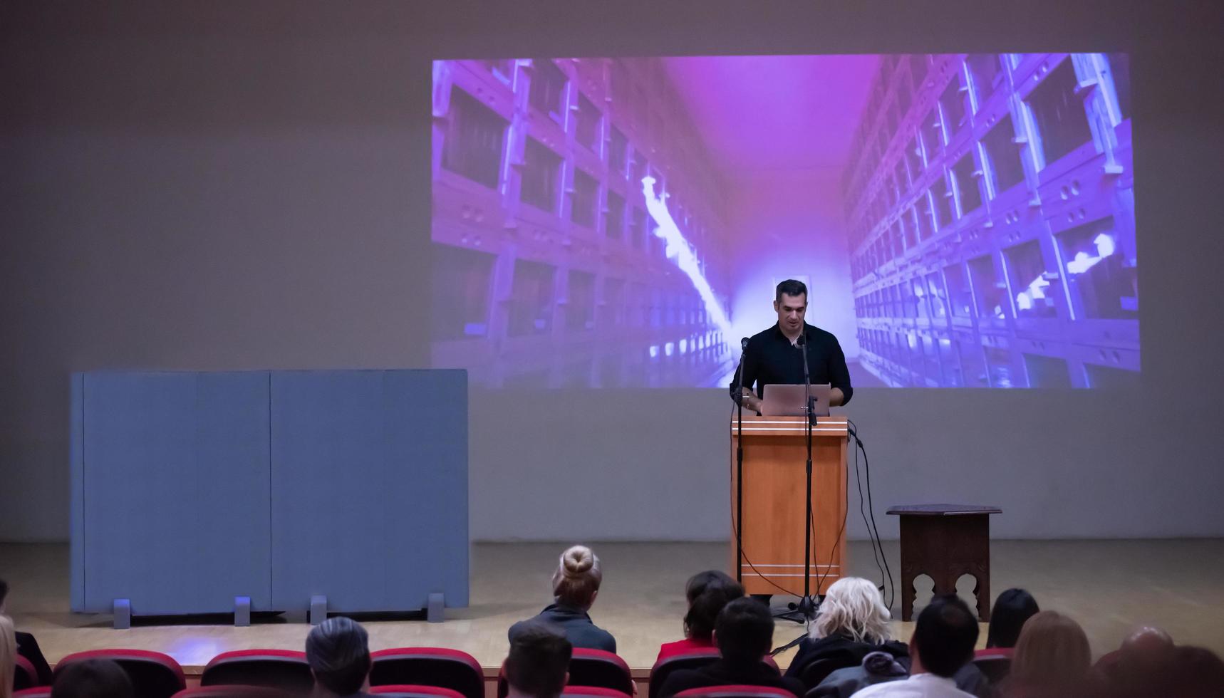 businessman giving presentations at conference room photo