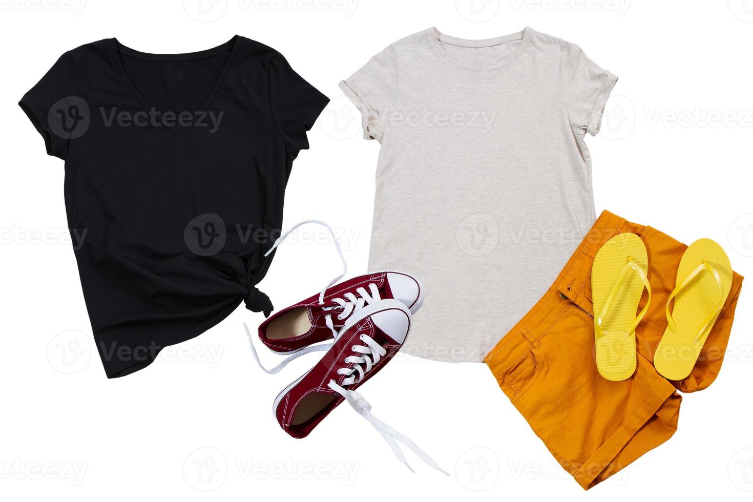 Summer black closeup t shirt mock up flat lay isolated on white background. Top view and copy space. Mockup t-shirt and summertime. Template blank shirt. photo