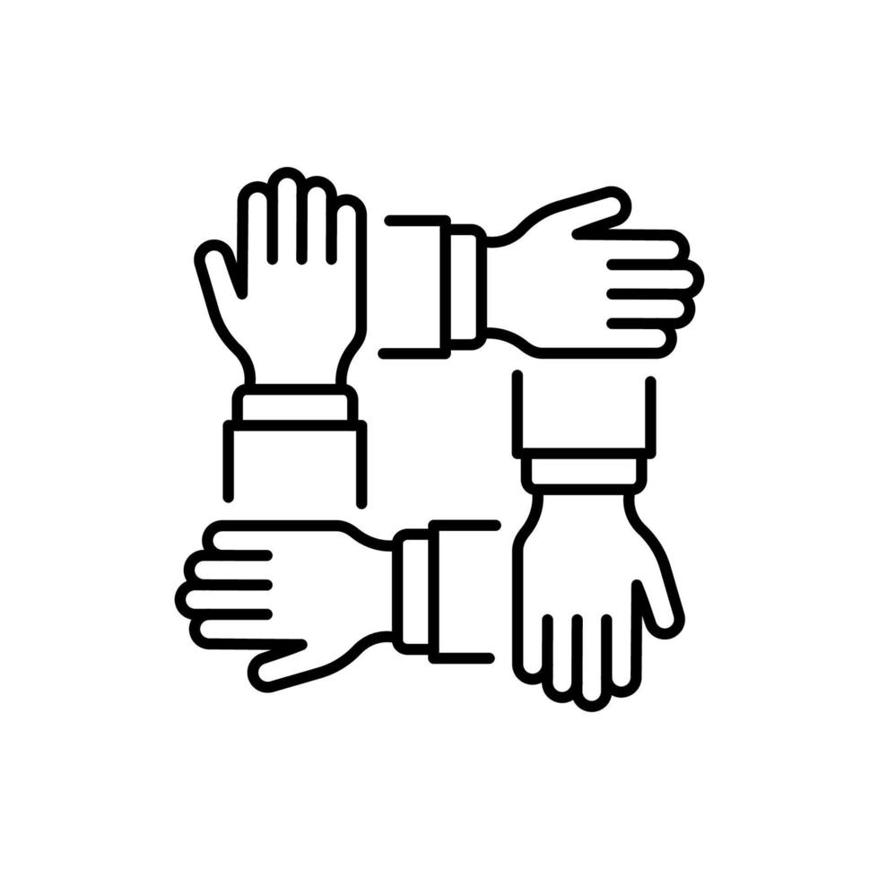 Collaboration Group Team Job Linear Pictogram. Company Participation Line Icon. Teamwork Alliance Partnership Help Together Hand Outline Icon. Editable Stroke. Isolated Vector Illustration.