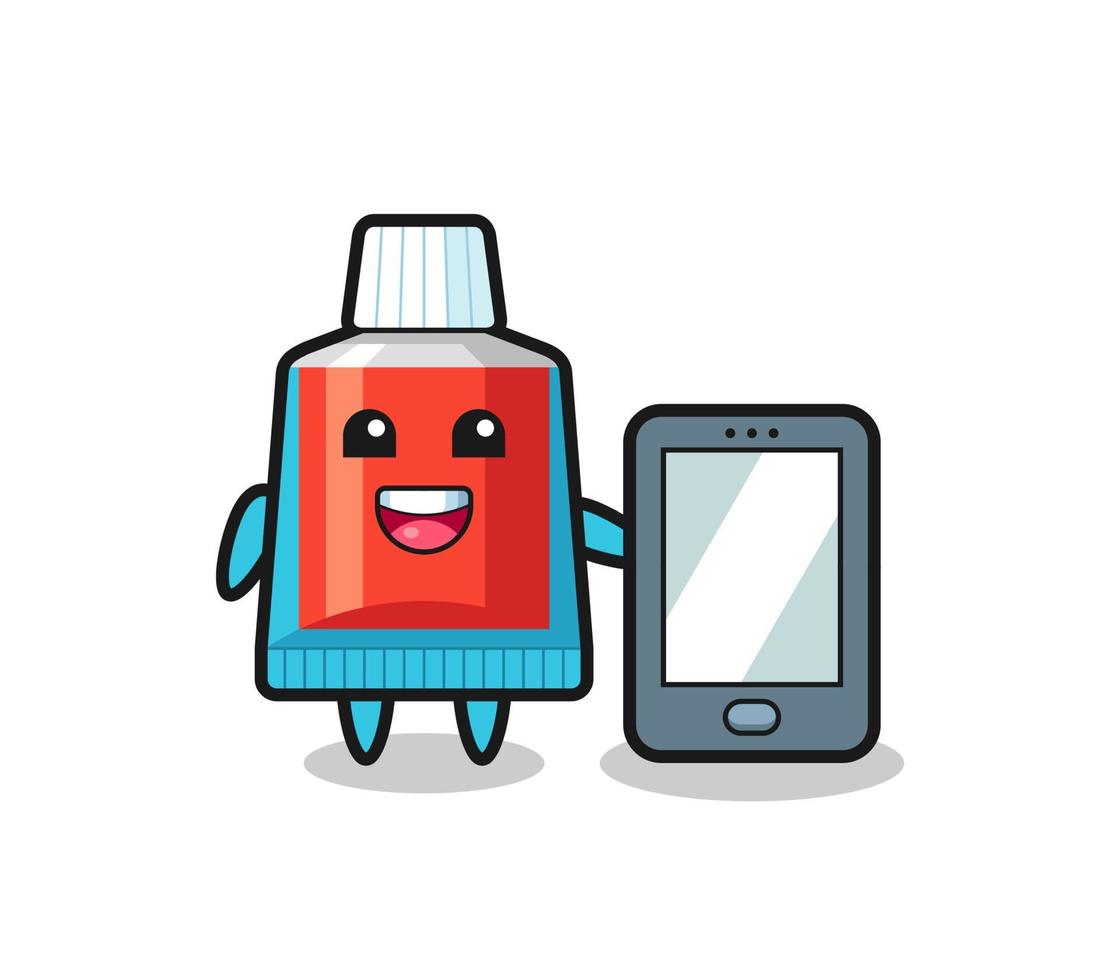 toothpaste illustration cartoon holding a smartphone vector
