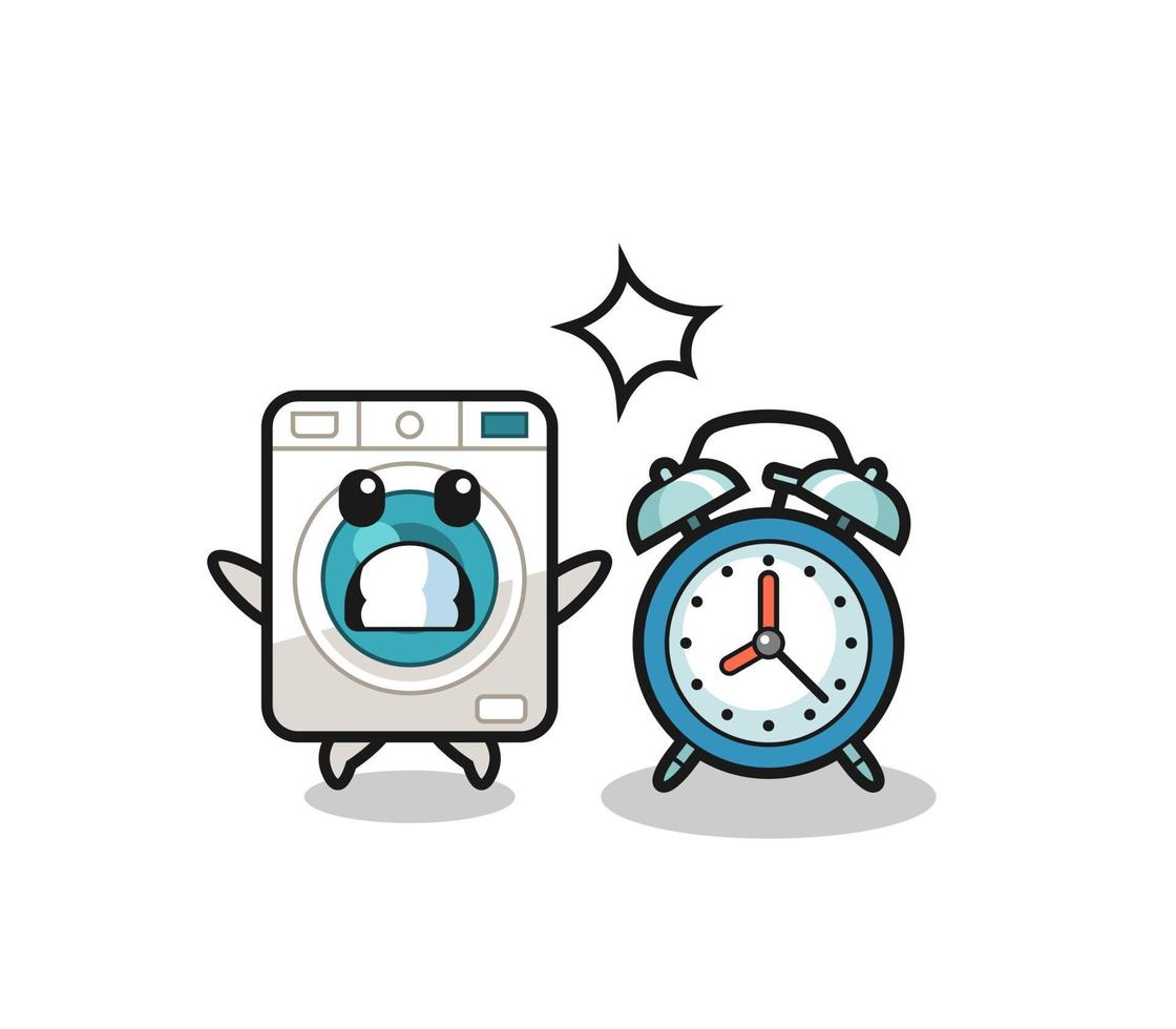 Cartoon Illustration of washing machine is surprised with a giant alarm clock vector