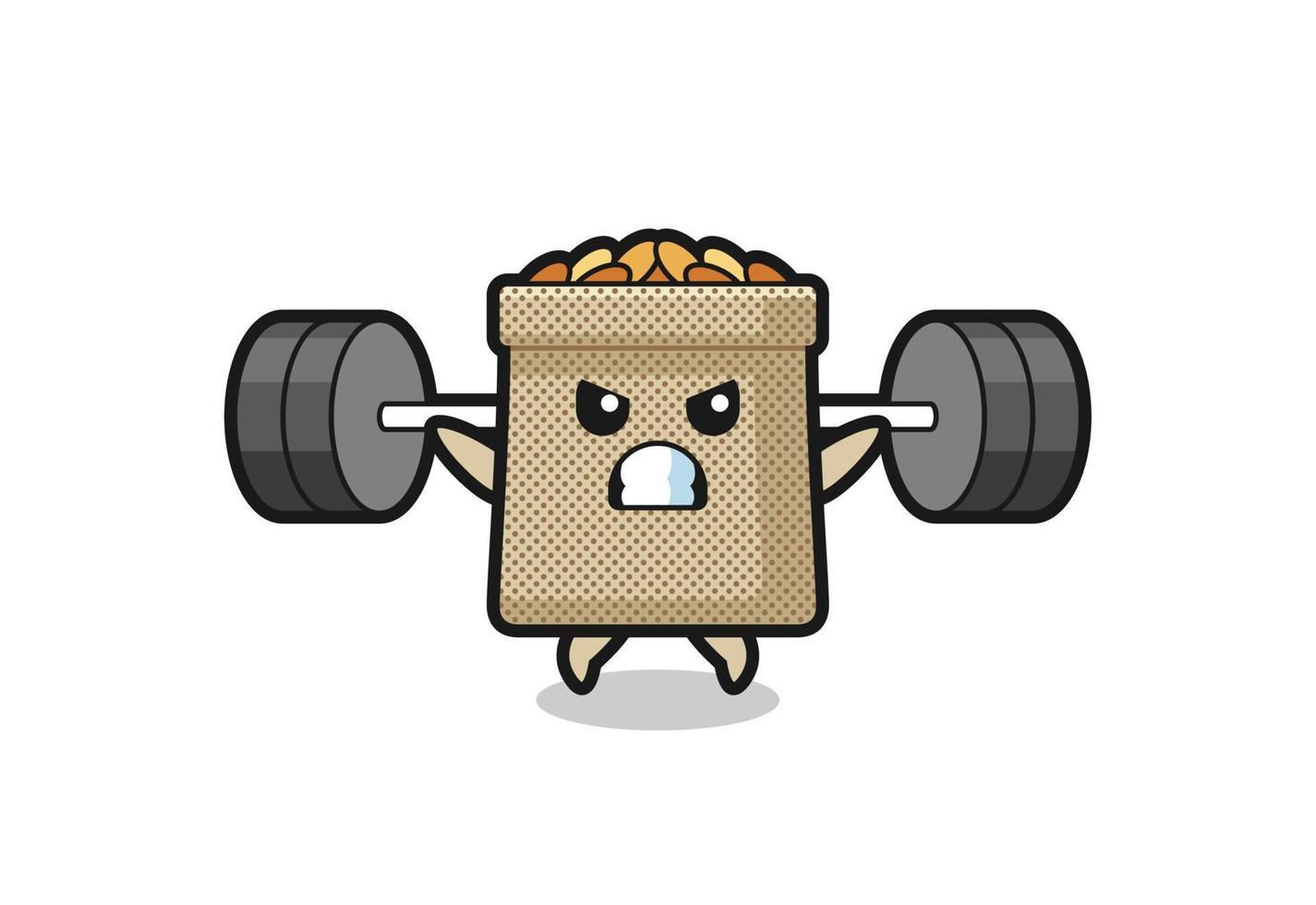 wheat sack mascot cartoon with a barbell vector
