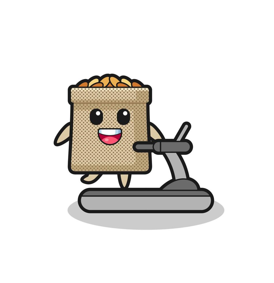 personaje de dibujos animados de saco de trigo caminando en la caminadora vector