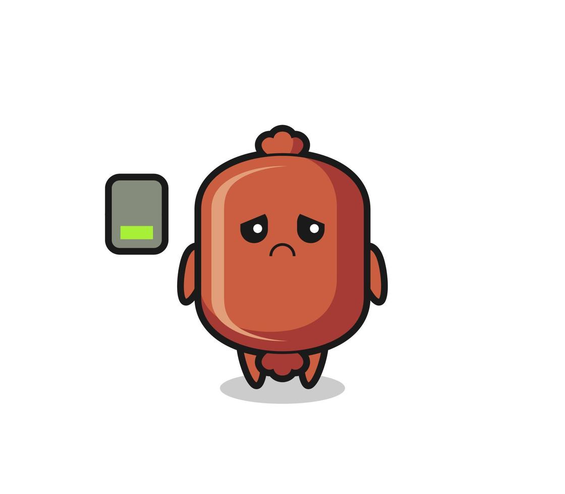 sausage mascot character doing a tired gesture vector