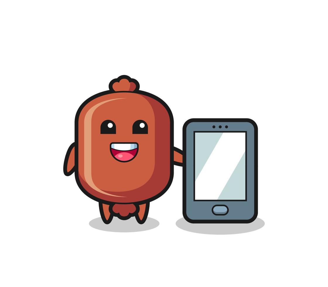 sausage illustration cartoon holding a smartphone vector