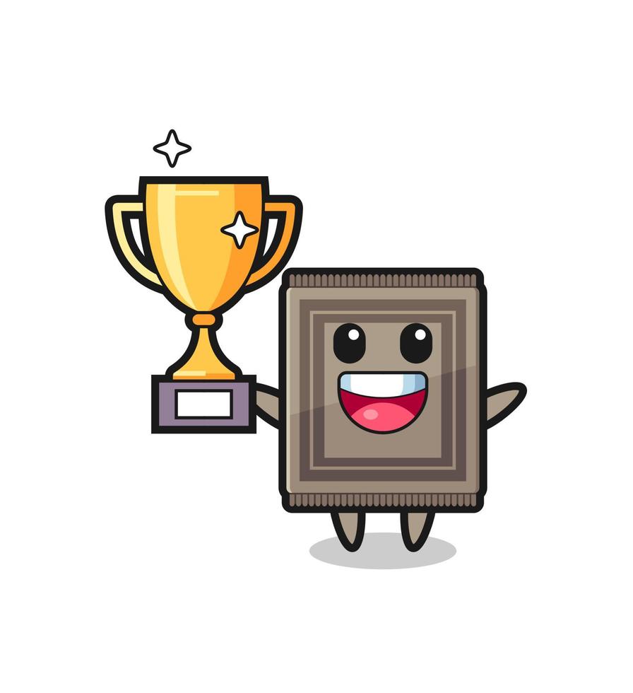 Cartoon Illustration of carpet is happy holding up the golden trophy vector