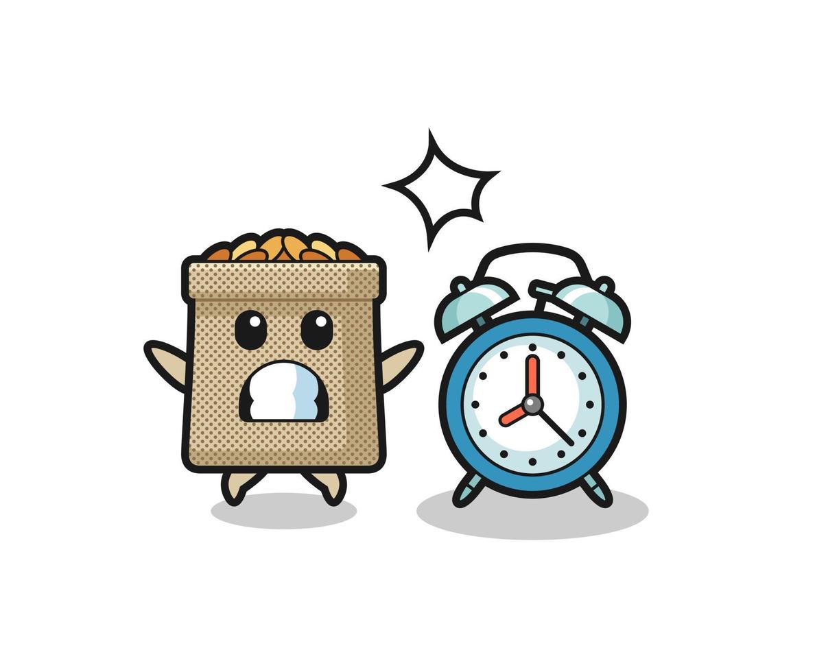 Cartoon Illustration of wheat sack is surprised with a giant alarm clock vector