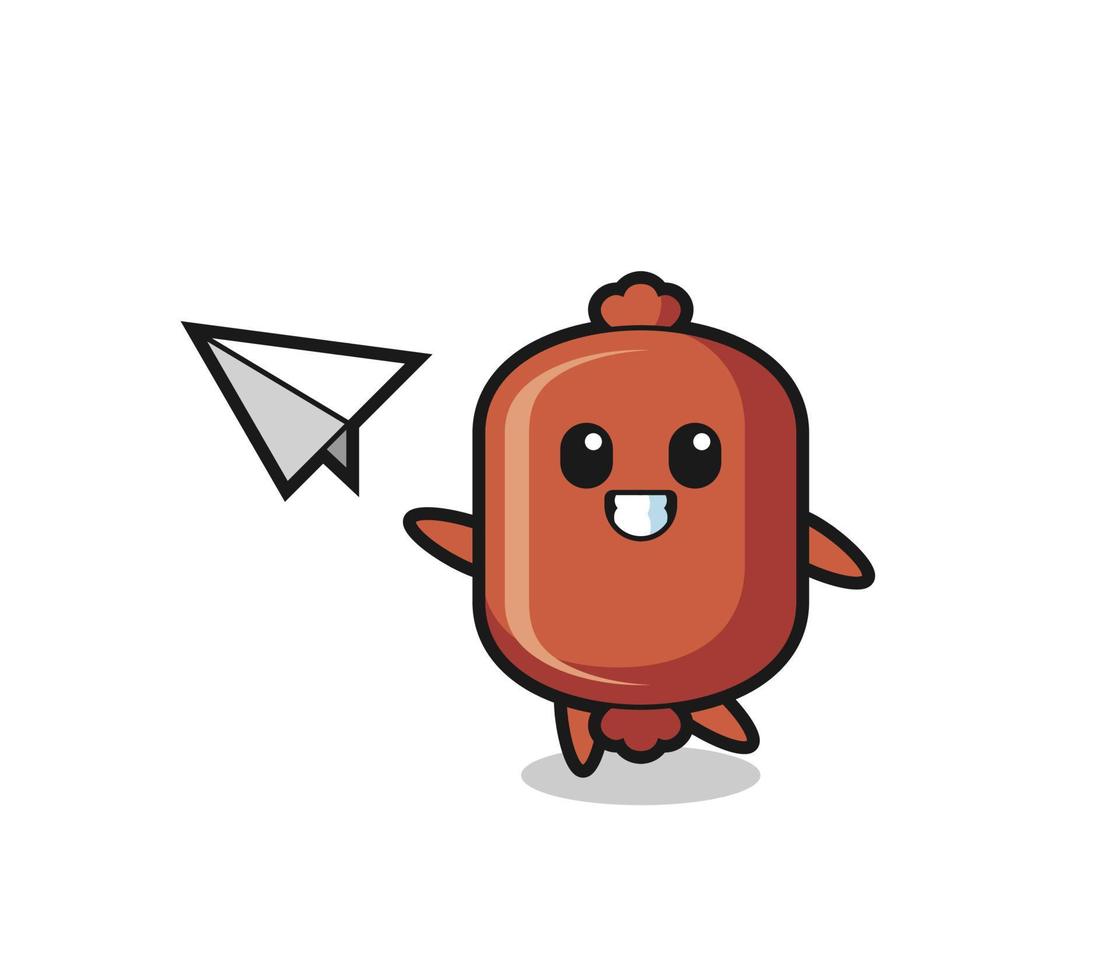sausage cartoon character throwing paper airplane vector