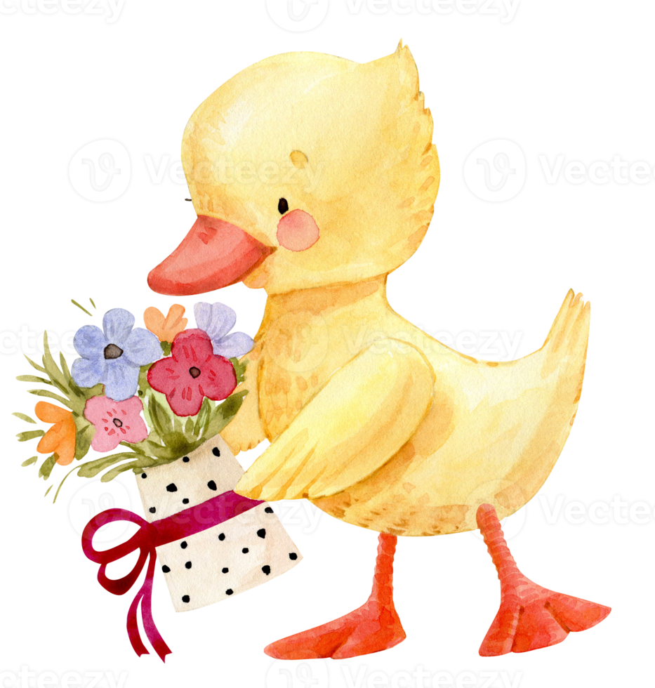 geel eendje met een boeket van bloemen, tekenfilm waterverf illustratie. png