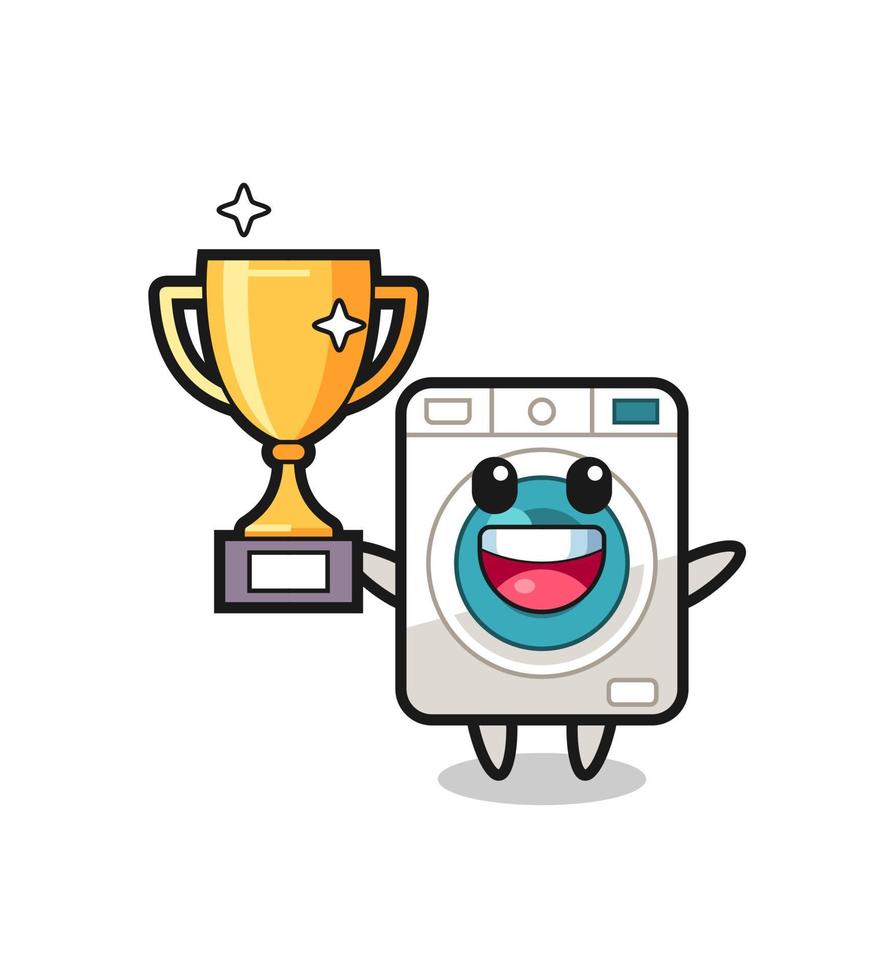 Cartoon Illustration of washing machine is happy holding up the golden trophy vector