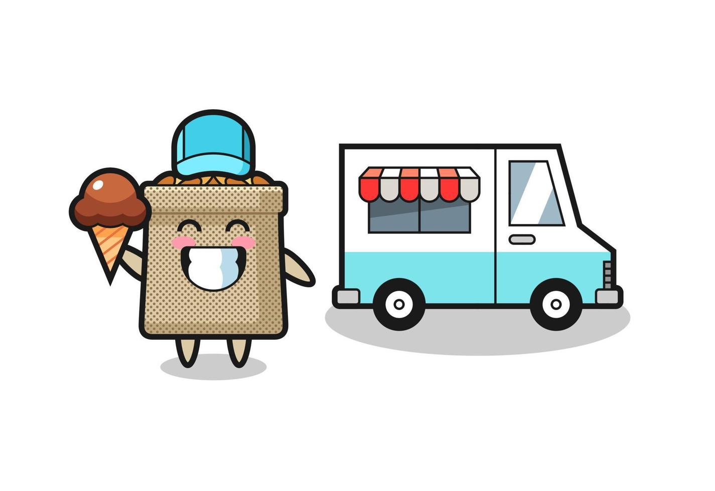 caricatura de mascota de saco de trigo con camión de helados vector