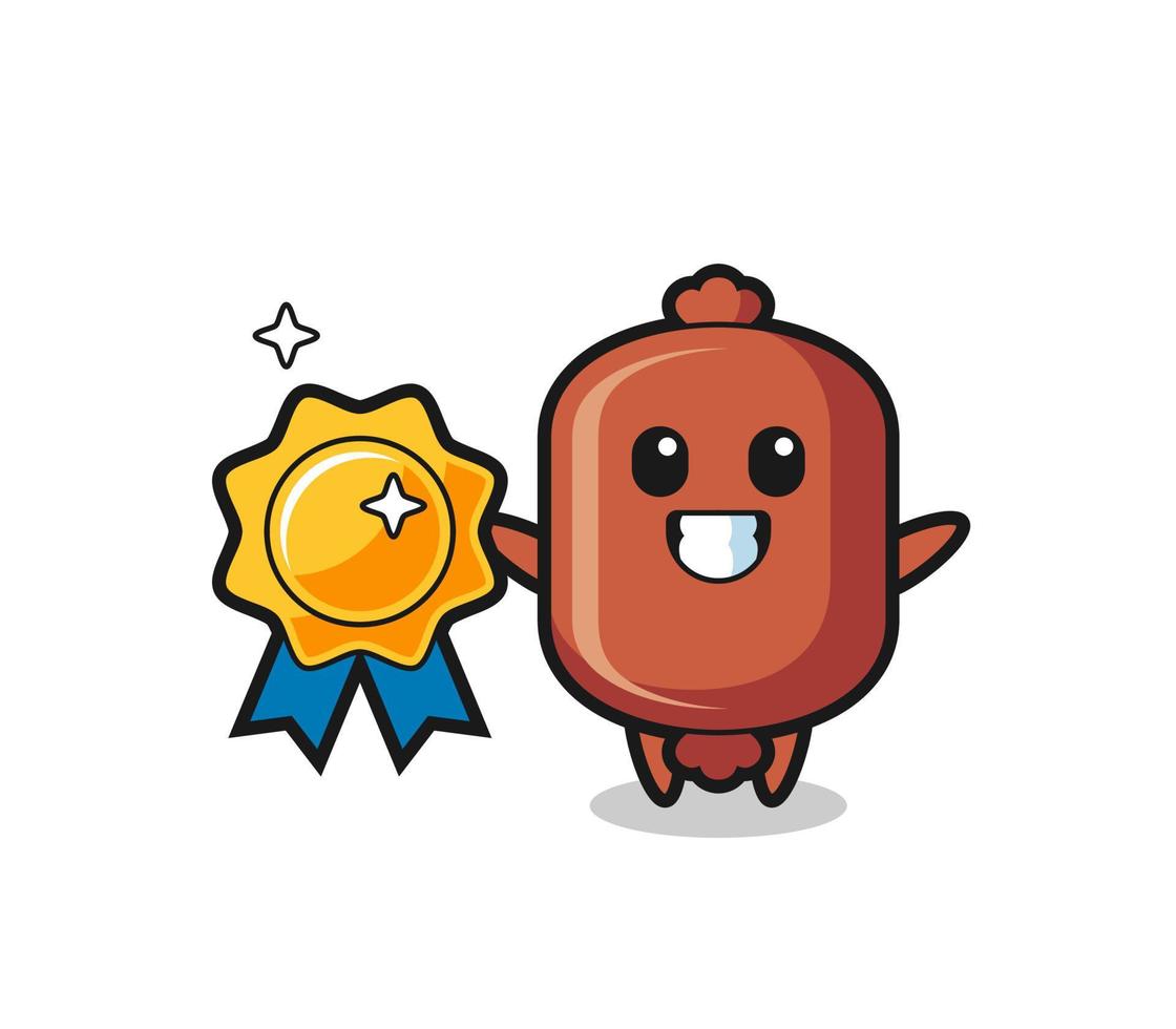sausage mascot illustration holding a golden badge vector