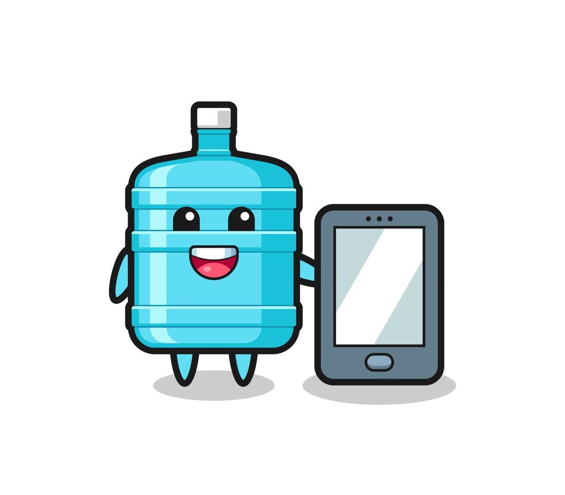 gallon water bottle illustration cartoon holding a smartphone vector