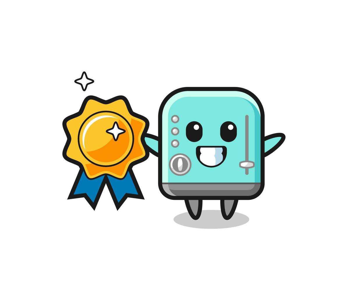 toaster mascot illustration holding a golden badge vector