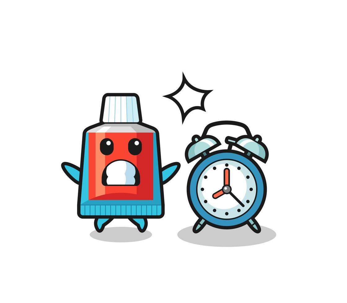 Cartoon Illustration of toothpaste is surprised with a giant alarm clock vector