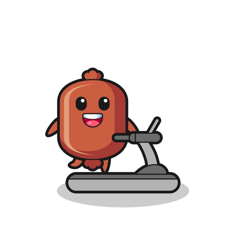 sausage cartoon character walking on the treadmill vector