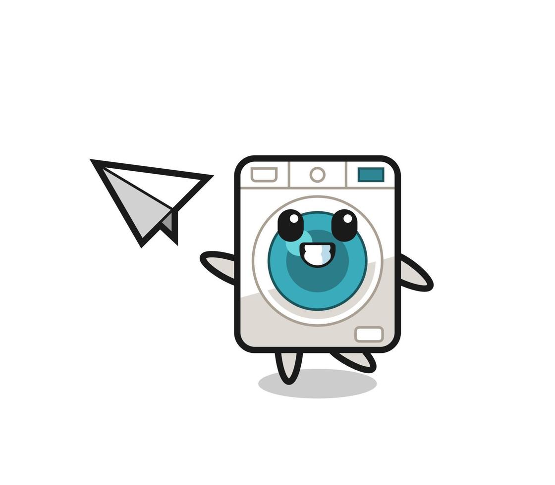 washing machine cartoon character throwing paper airplane vector