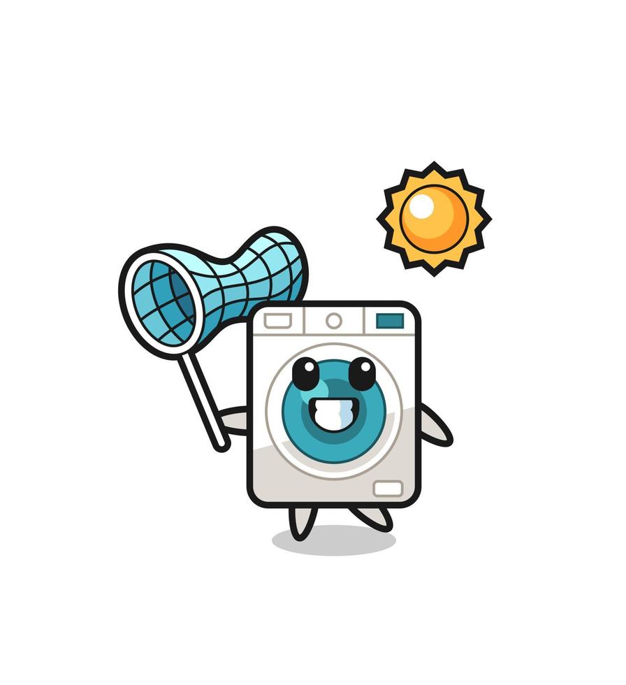 washing machine mascot illustration is catching butterfly vector