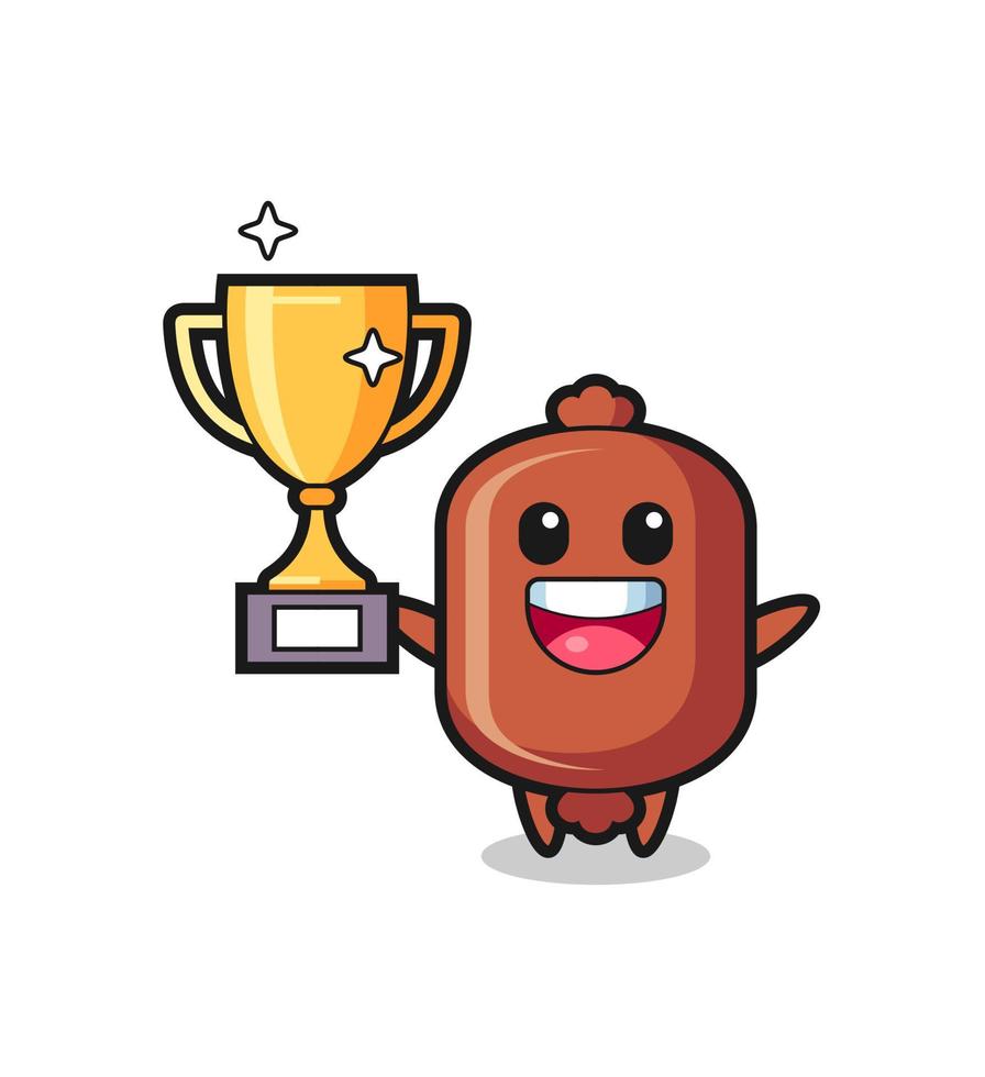 Cartoon Illustration of sausage is happy holding up the golden trophy vector