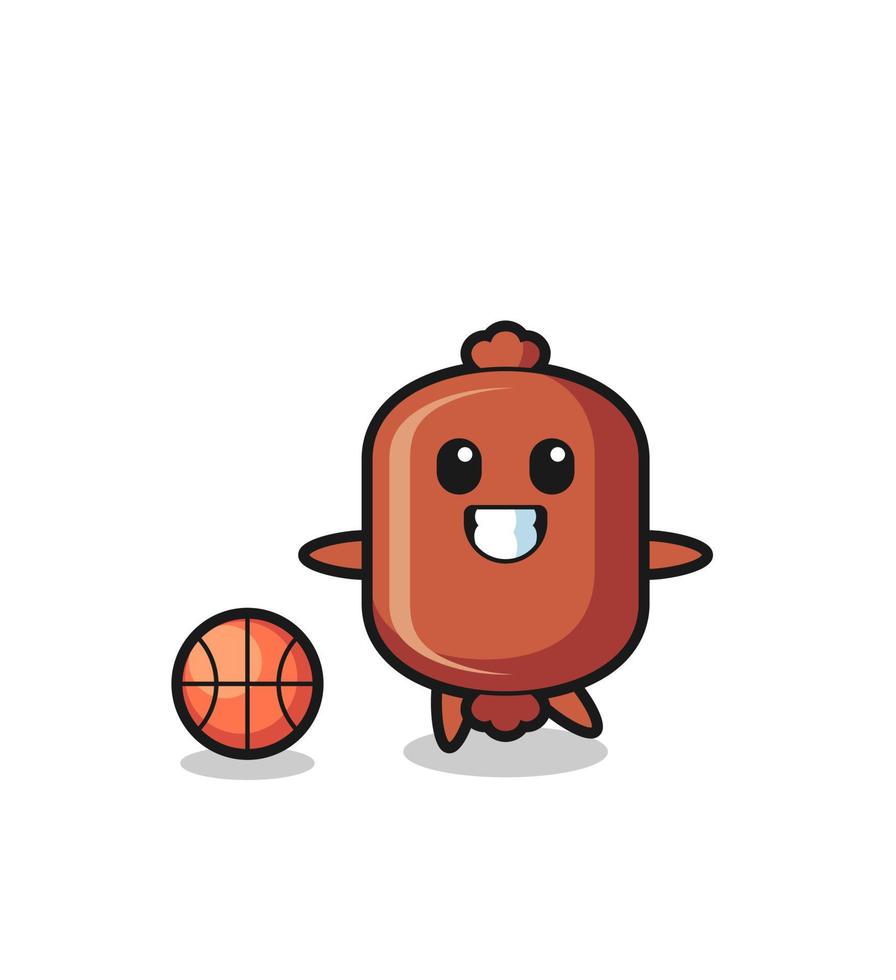 Illustration of sausage cartoon is playing basketball vector