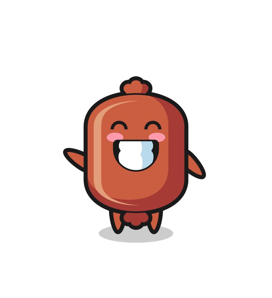 sausage cartoon character doing wave hand gesture vector