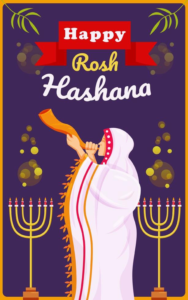 Happy Rosh Hashanah, Jewish man blowing traditional Shofar. Suitable for events vector