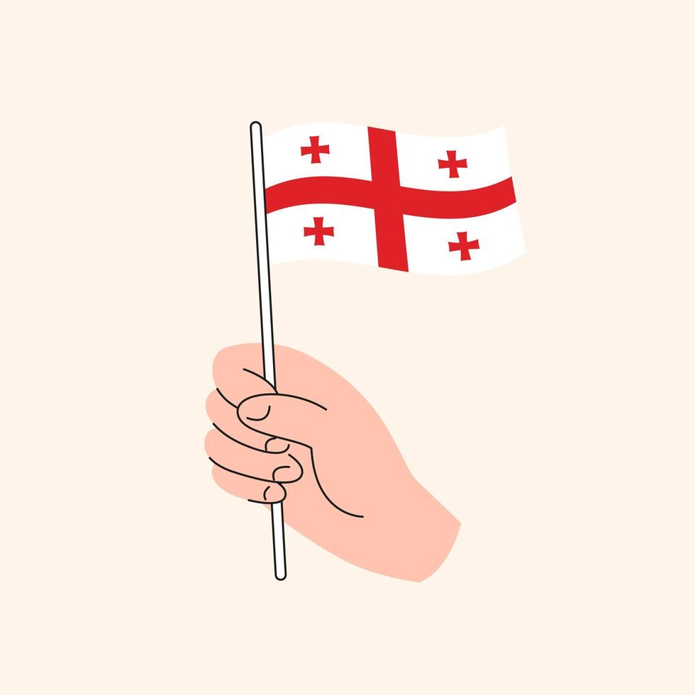 mano de dibujos animados sosteniendo la bandera georgiana. la bandera de georgia, ilustración del concepto. vector aislado de diseño plano.