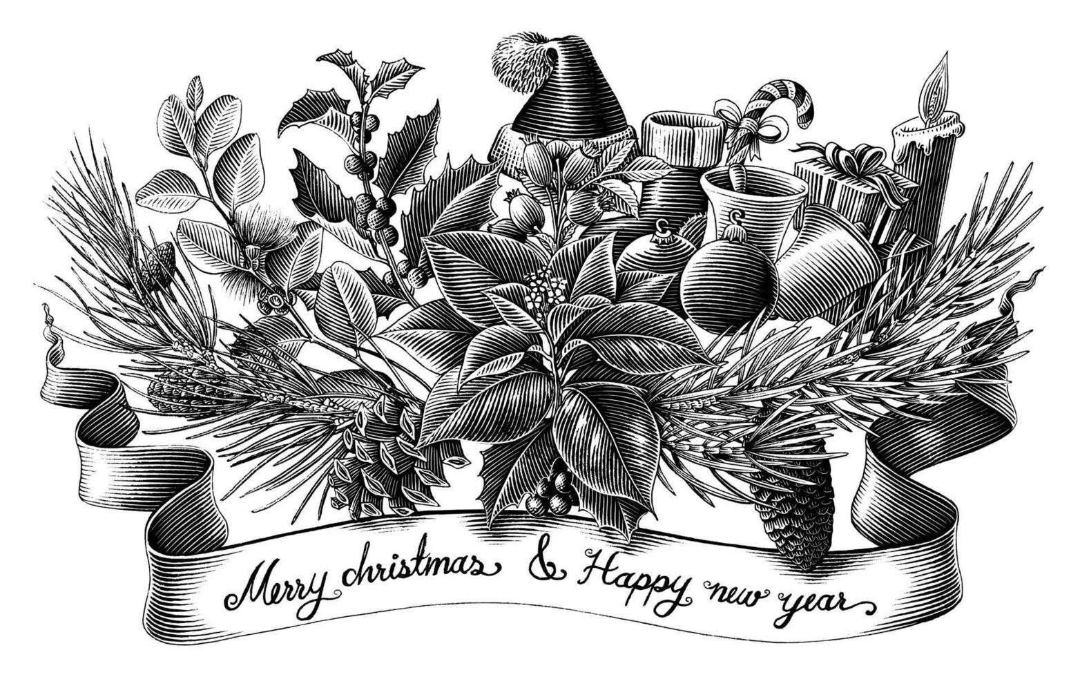 estilo de grabado de dibujo a mano de banner de navidad y año nuevo vector