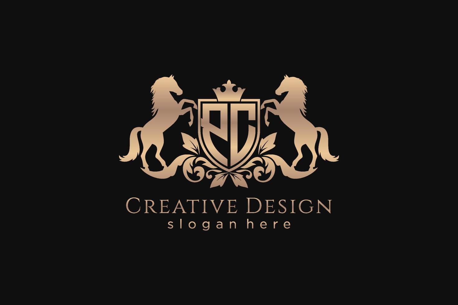 initial PC Retro golden crest with shield and two horses, badge template with scrolls and royal crown - perfect for luxurious branding projects vector