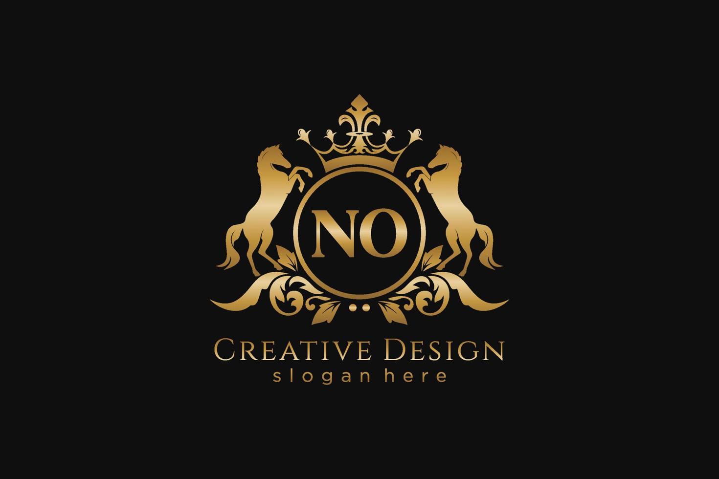 initial NO Retro golden crest with circle and two horses, badge template with scrolls and royal crown - perfect for luxurious branding projects vector