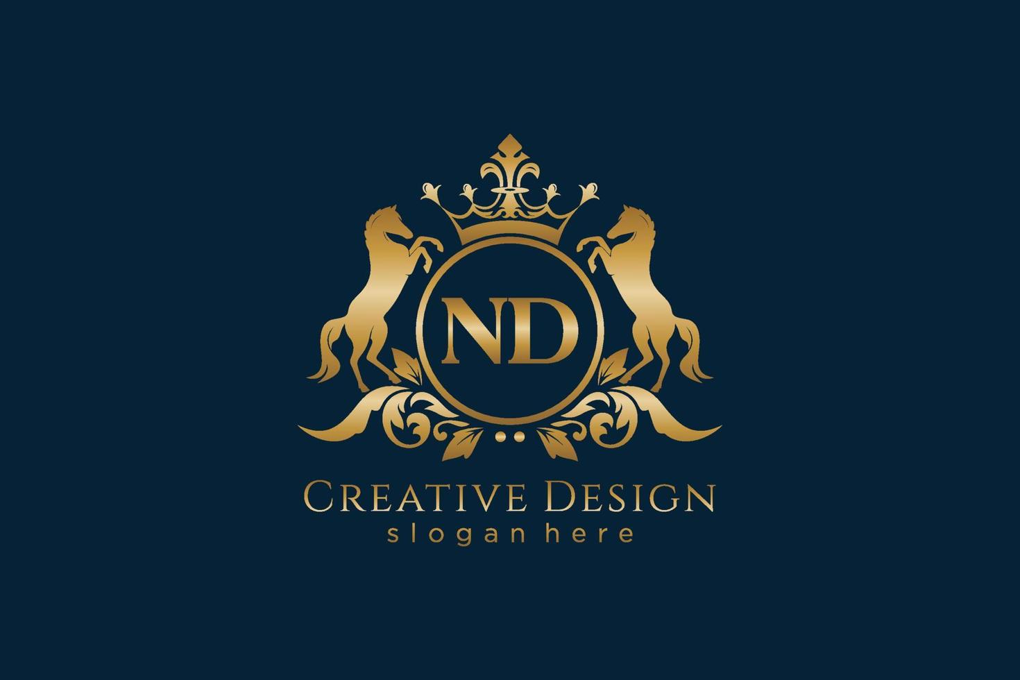 initial ND Retro golden crest with circle and two horses, badge template with scrolls and royal crown - perfect for luxurious branding projects vector