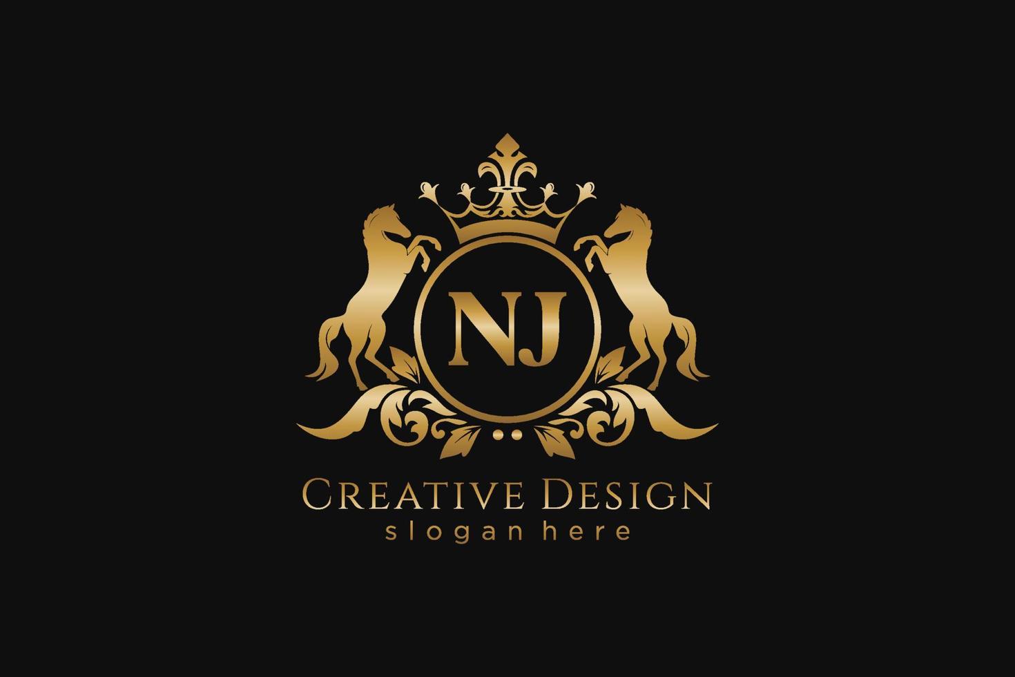 initial NJ Retro golden crest with circle and two horses, badge template with scrolls and royal crown - perfect for luxurious branding projects vector