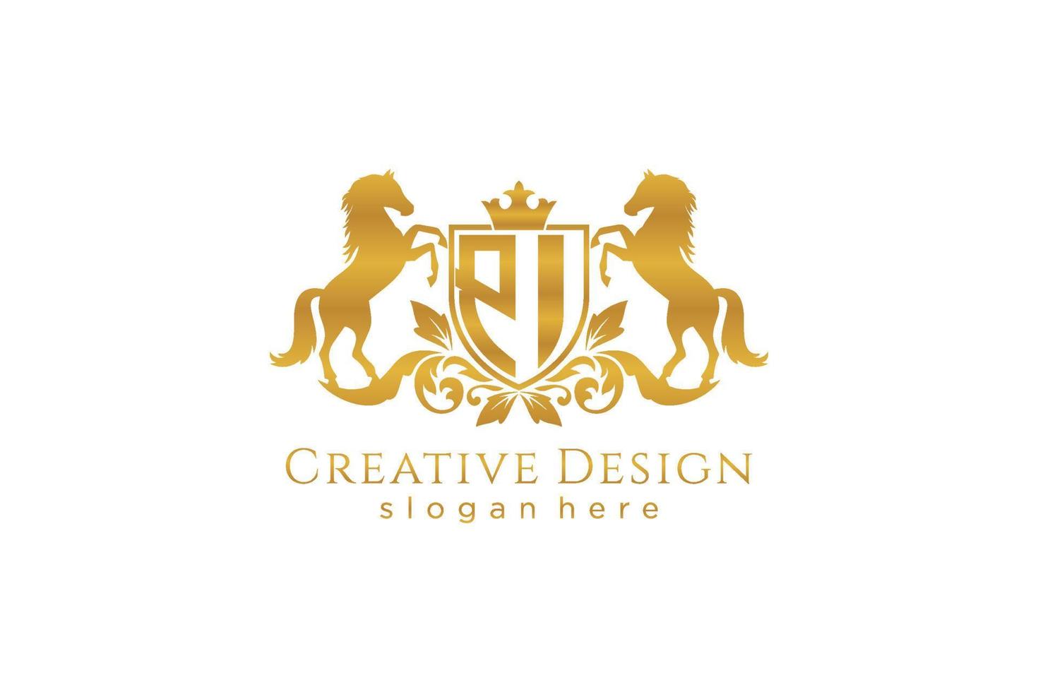 initial PI Retro golden crest with shield and two horses, badge template with scrolls and royal crown - perfect for luxurious branding projects vector