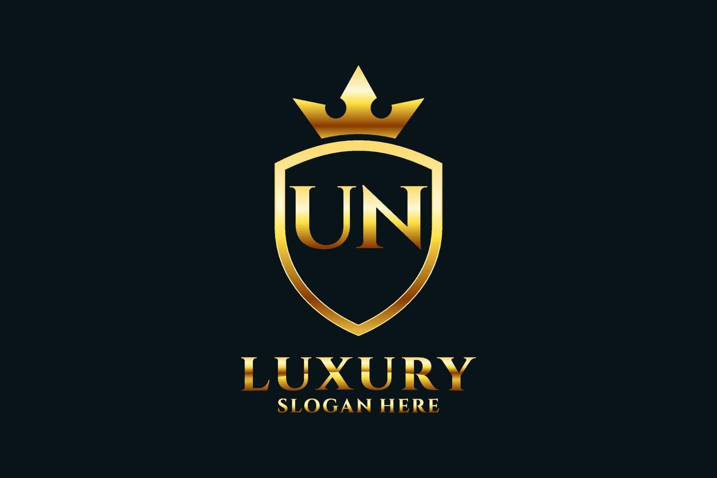 initial UN elegant luxury monogram logo or badge template with scrolls and royal crown - perfect for luxurious branding projects vector