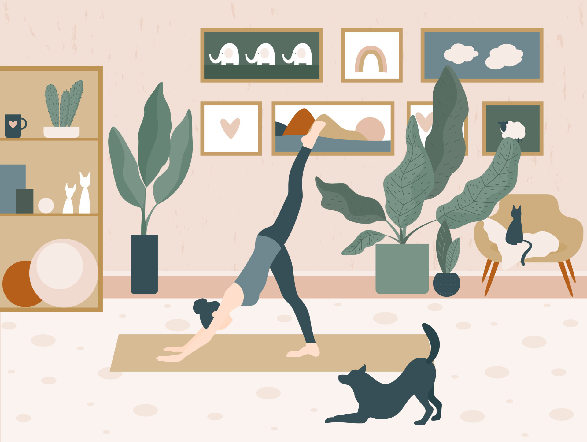 Cozy Hygge Comfort Home Interior. Girl and a dog do yoga at home. Funny  cartoon illustration for use in design 11935116 Vector Art at Vecteezy