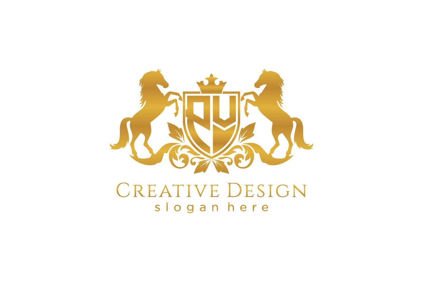 initial PV Retro golden crest with shield and two horses, badge template with scrolls and royal crown - perfect for luxurious branding projects vector