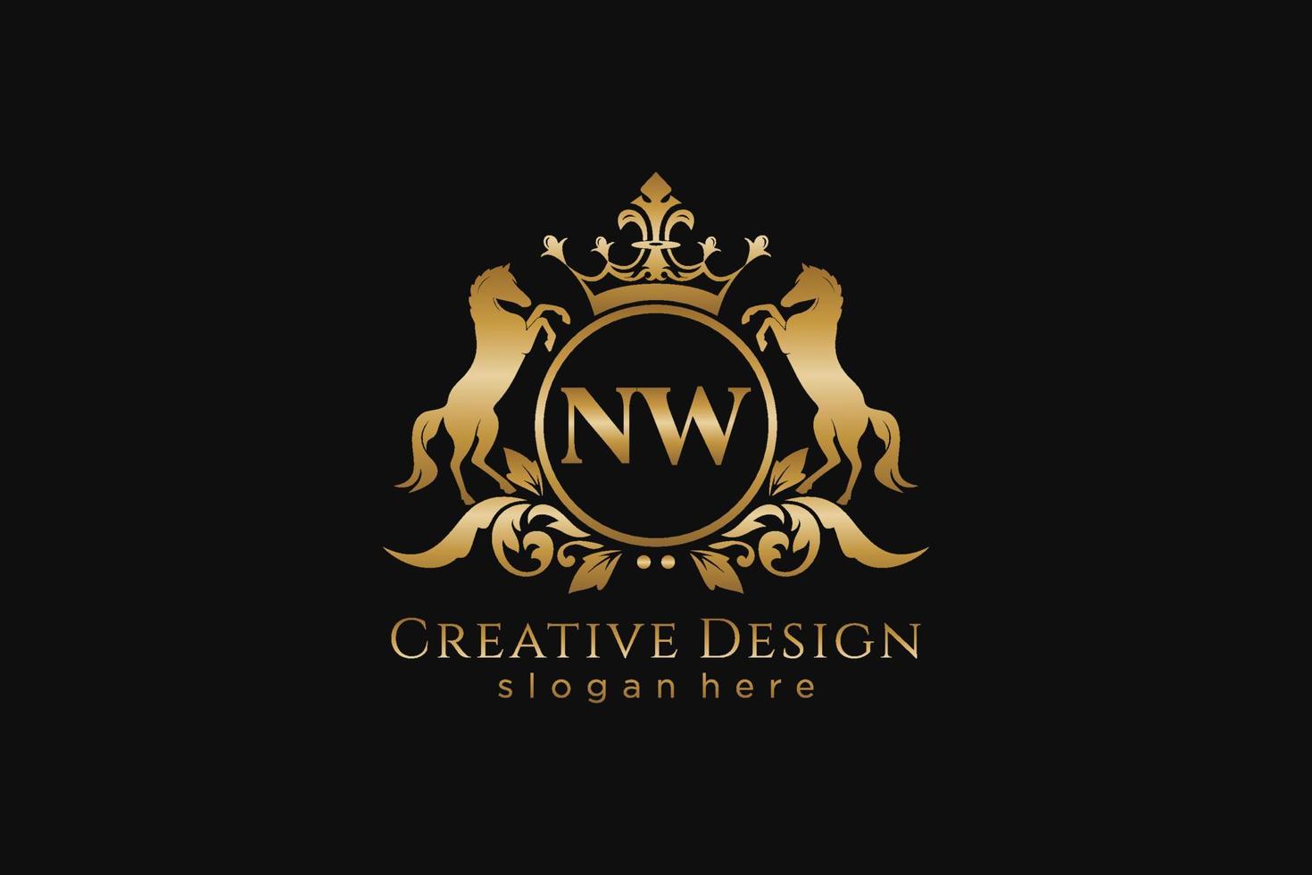 initial NW Retro golden crest with circle and two horses, badge template with scrolls and royal crown - perfect for luxurious branding projects vector