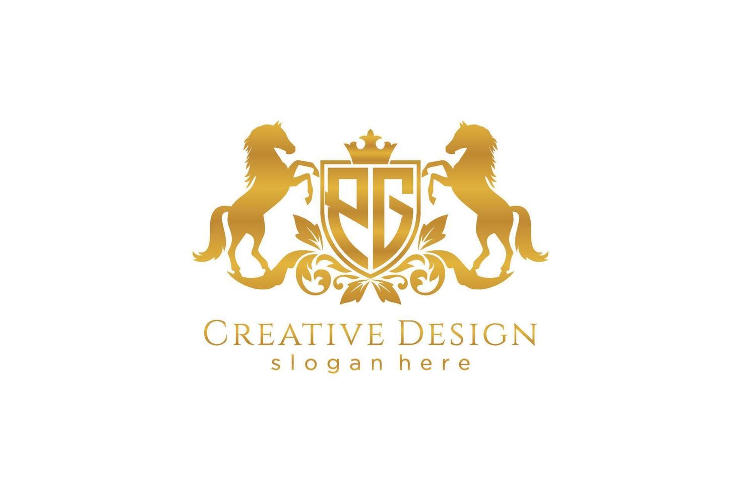 initial PG Retro golden crest with shield and two horses, badge template with scrolls and royal crown - perfect for luxurious branding projects vector
