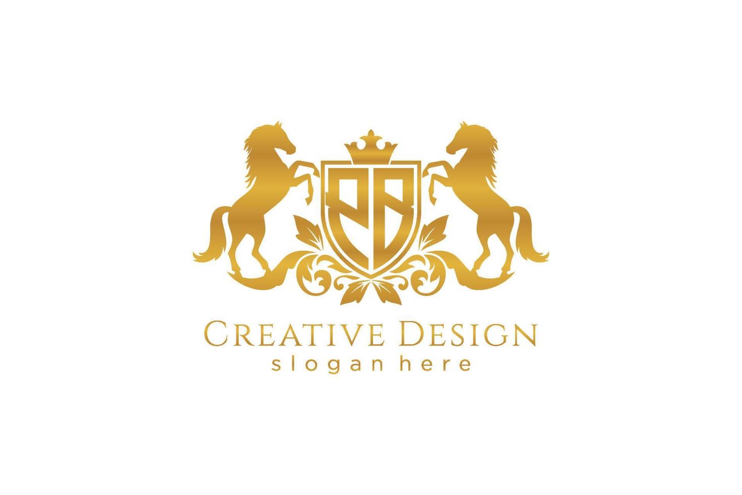 initial PB Retro golden crest with shield and two horses, badge template with scrolls and royal crown - perfect for luxurious branding projects vector