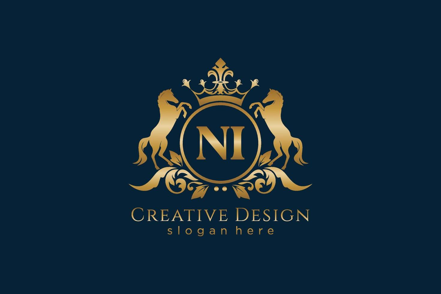 initial NI Retro golden crest with circle and two horses, badge template with scrolls and royal crown - perfect for luxurious branding projects vector
