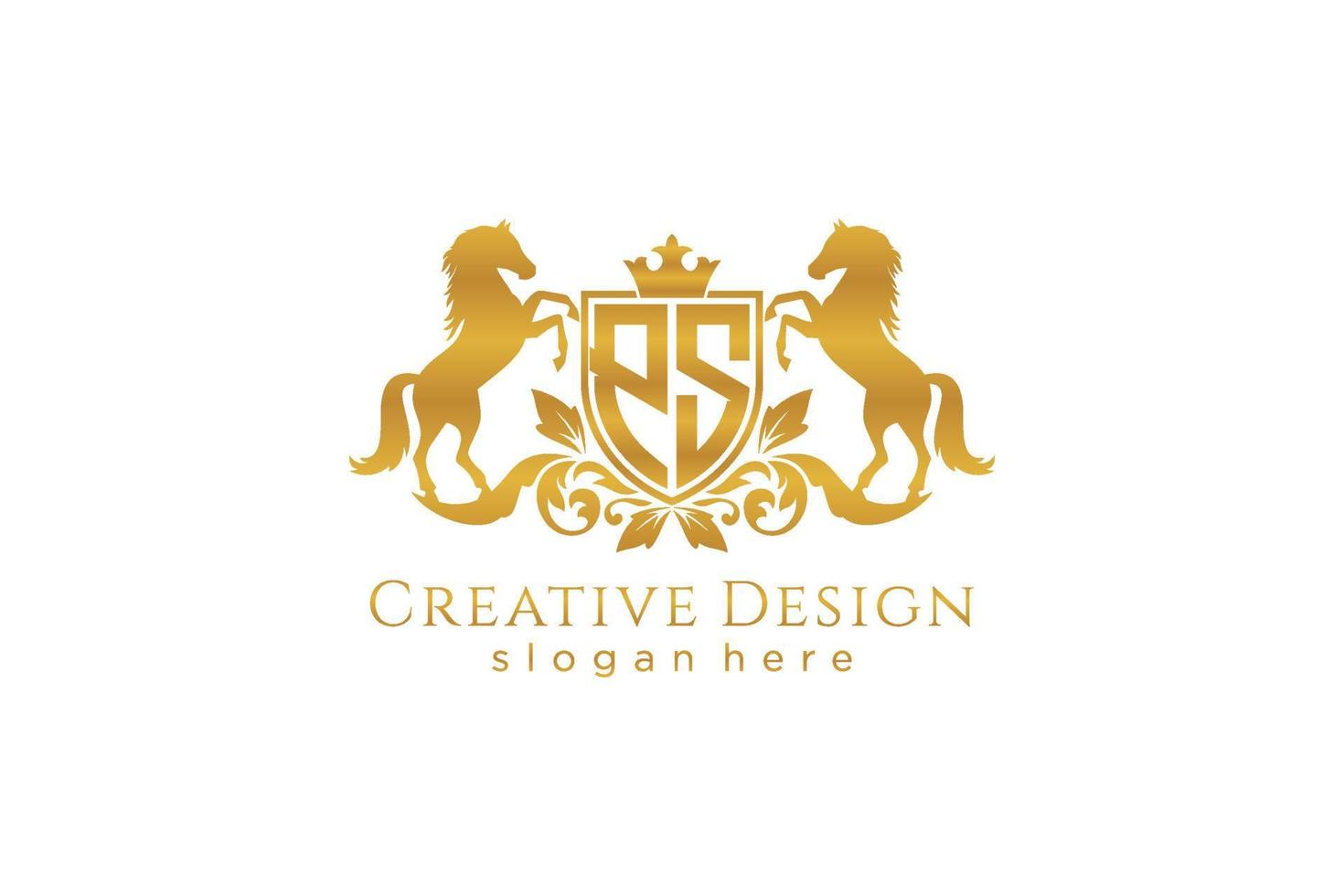 initial PS Retro golden crest with shield and two horses, badge template with scrolls and royal crown - perfect for luxurious branding projects vector
