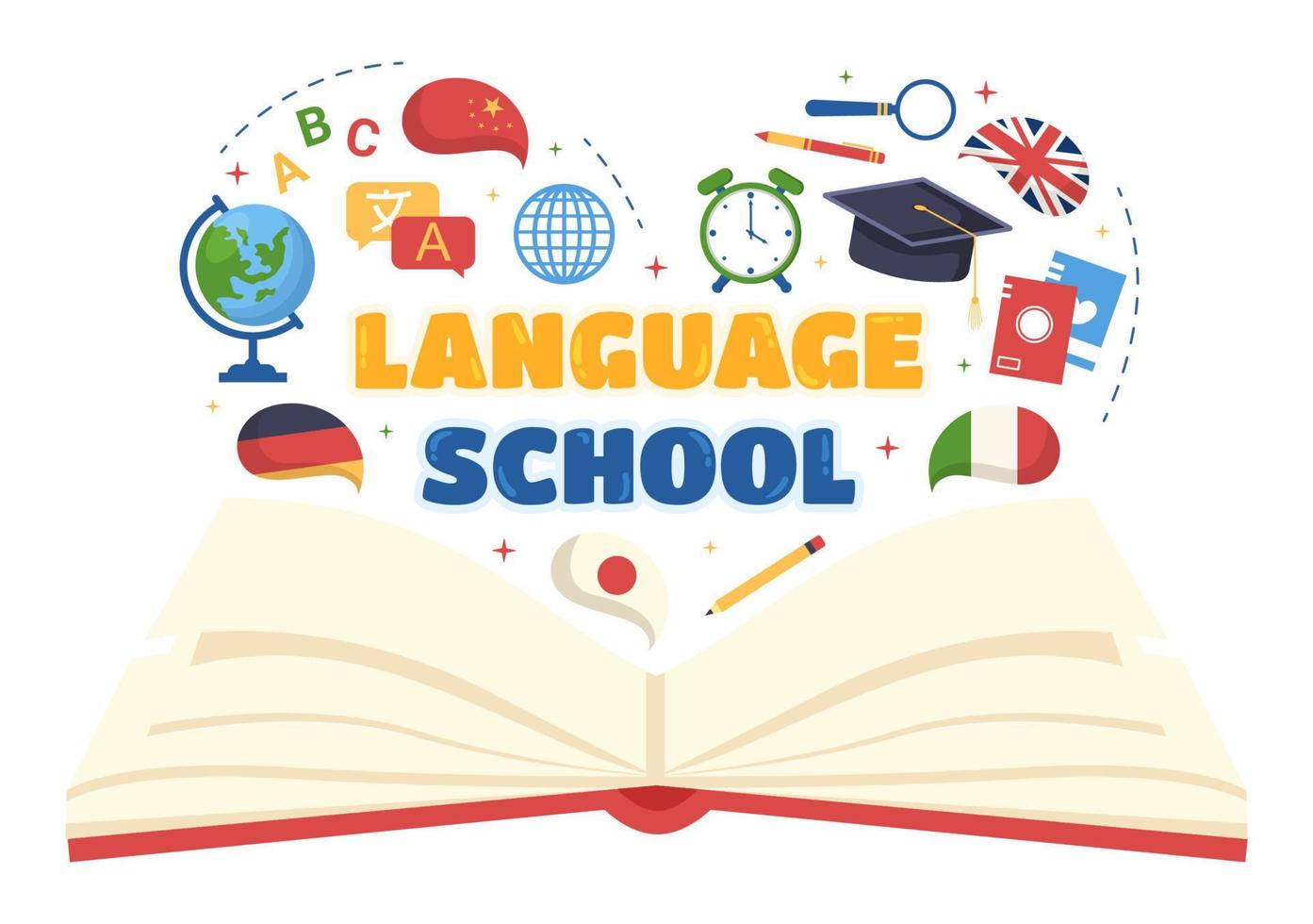 Language School Template Hand Drawn Cartoon Flat Illustration of Online Learning, Courses, Training Program and Study Foreign Languages Abroad vector