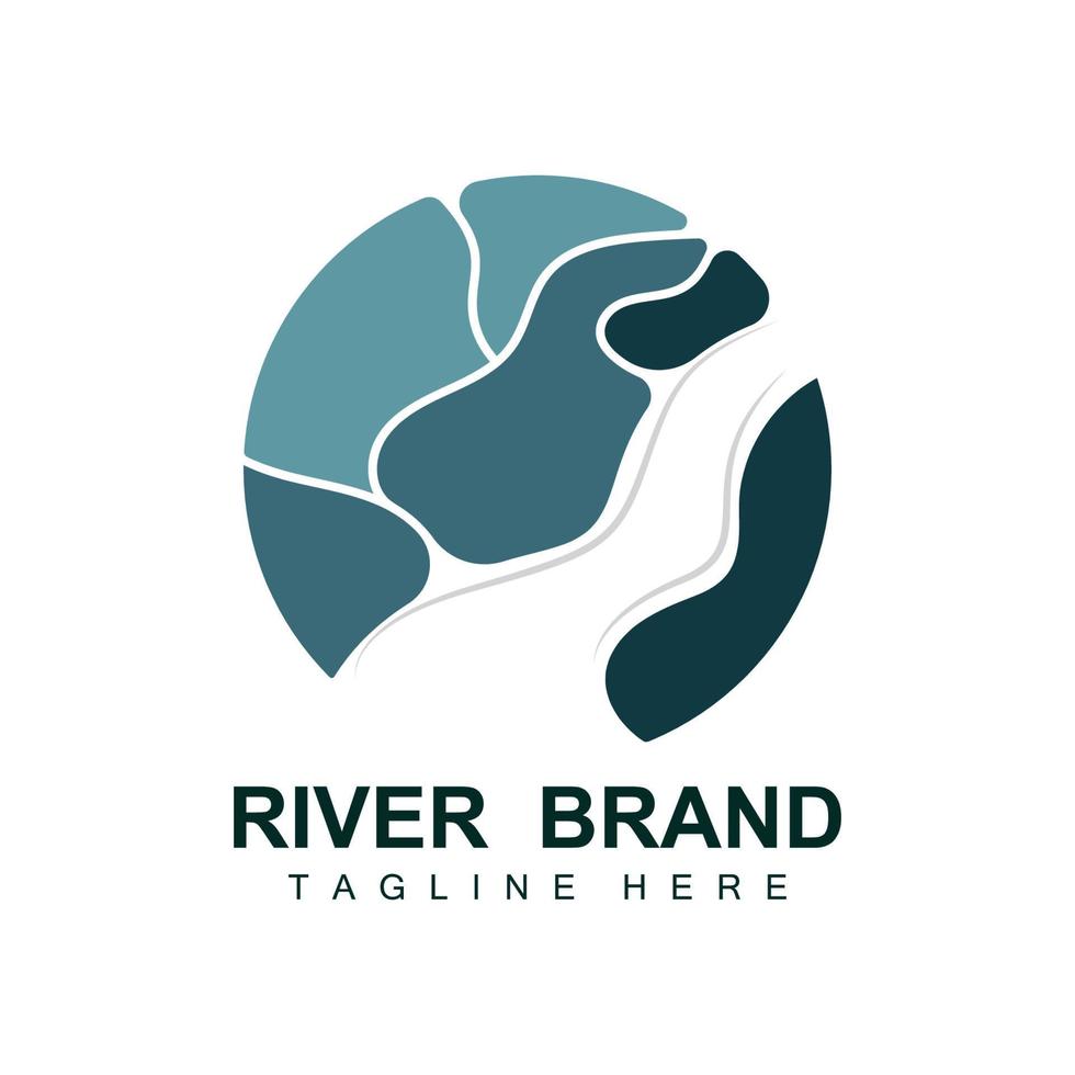 diseño del logo del río, vector de la cala del río, ilustración de la orilla del río con una combinación de montañas y naturaleza, marca de producto